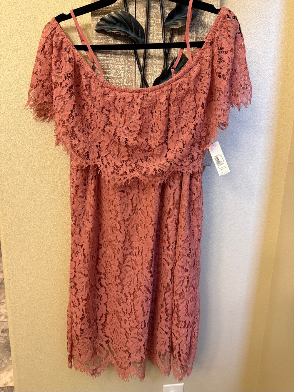 No Boundaries Dusty Rose Lace Off Shoulder Dress Womens L NWT